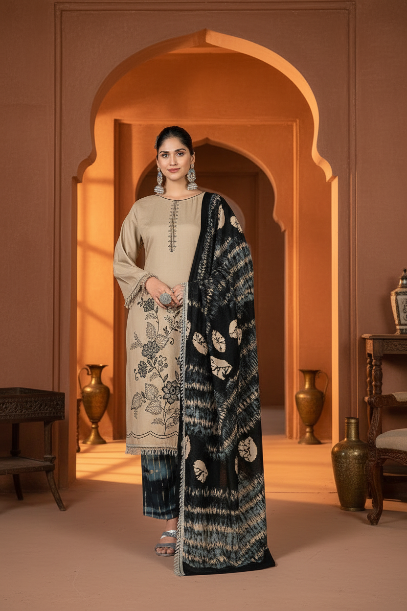 Unstitched Rayon Suit with Sequin Embroidery, Daman Lace & Printed Dupatta – 3 Piece Dress Material