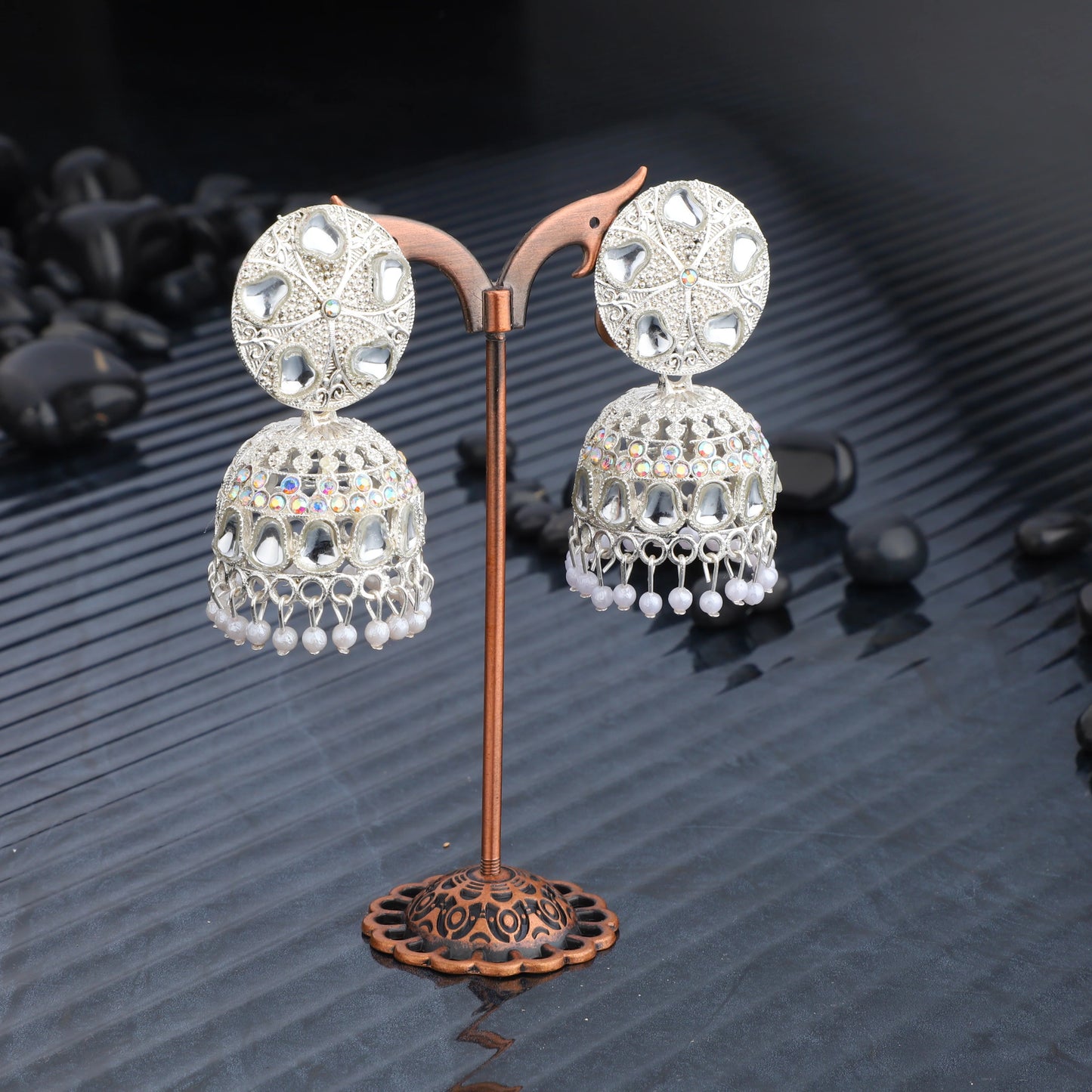 Elegant Silver Mirror Work Jhumka Earrings with Pearl Detailing – Traditional Ethnic Statement Jewelry