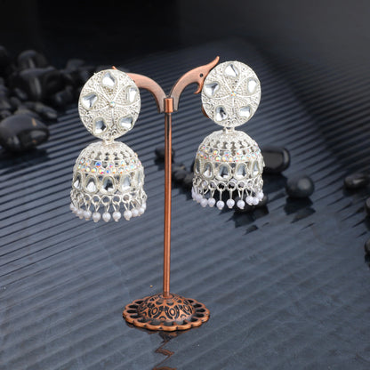 Elegant Silver Mirror Work Jhumka Earrings with Pearl Detailing – Traditional Ethnic Statement Jewelry