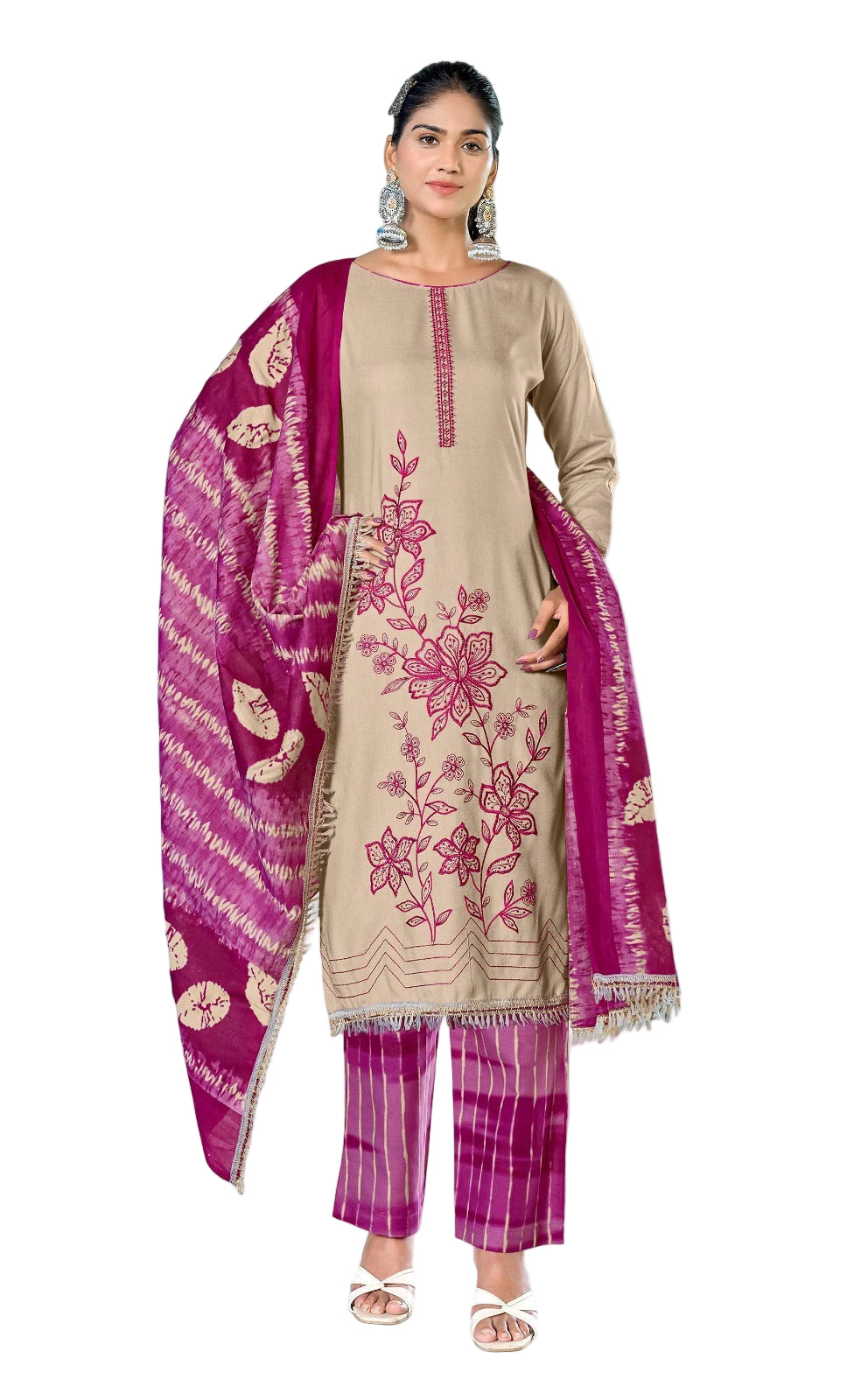 Unstitched Rayon Suit with Sequin Embroidery, Daman Lace & Printed Dupatta – 3 Piece Dress Material