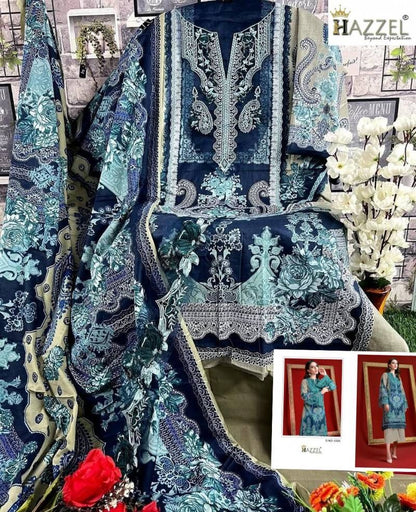 Luxury Navy Blue Floral Embroidered Cotton Suit – Unstitched 3-Piece Dress Material with Chiffon Dupatta