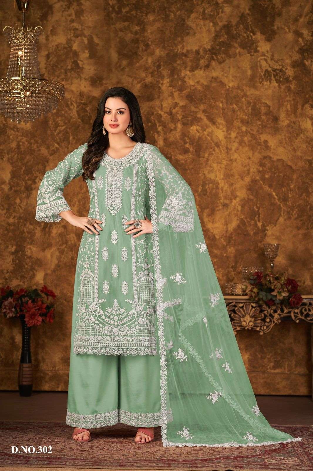 Elegant Green Embroidered Net Suit with Palazzo & Dupatta – Party & Festive Wear