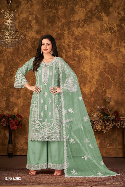 Elegant Green Embroidered Net Suit with Palazzo & Dupatta – Party & Festive Wear