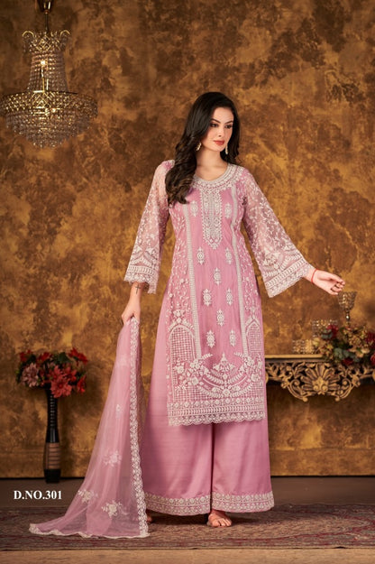 Elegant Mauve Net Suit with Heavy Embroidery & Dupatta – Festive & Wedding Wear