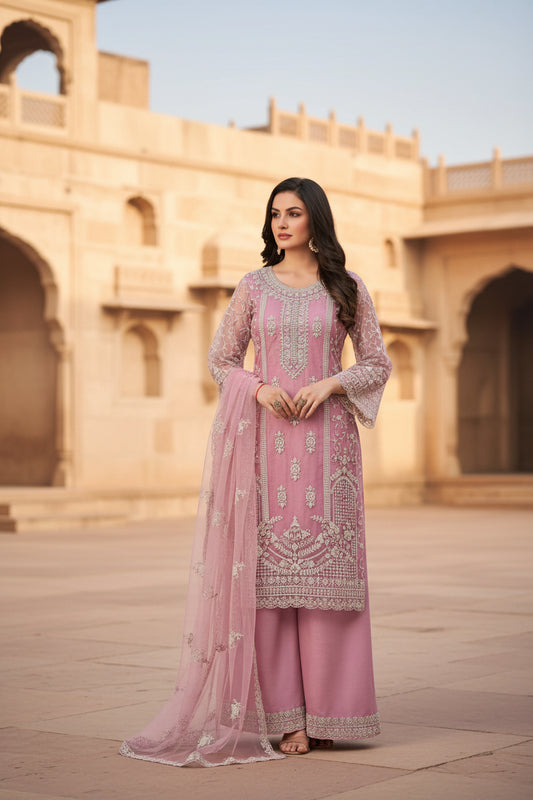 Elegant Mauve Net Suit with Heavy Embroidery & Dupatta – Festive & Wedding Wear