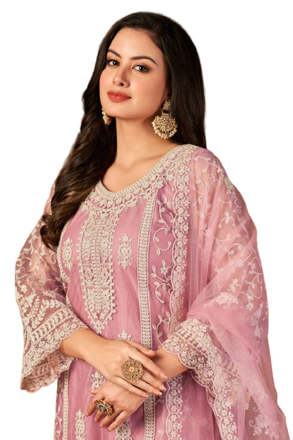 Elegant Mauve Net Suit with Heavy Embroidery & Dupatta – Festive & Wedding Wear