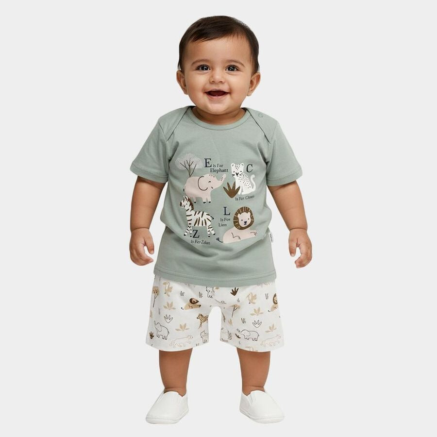Mint Cotton Round Neck Animal Graphic Baby Suit