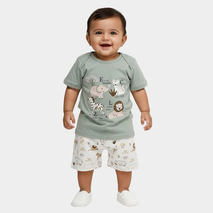 Mint Cotton Round Neck Animal Graphic Baby Suit