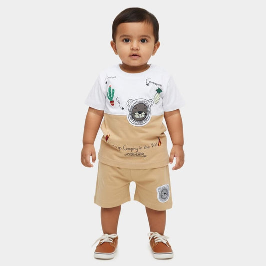 Beige Cotton Round Neck Printed and Applique Baby Suit