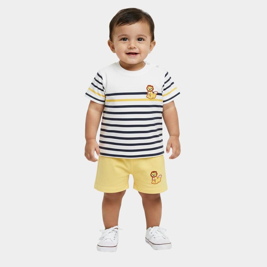 Yellow Cotton Round Neck Striped Baby Suit