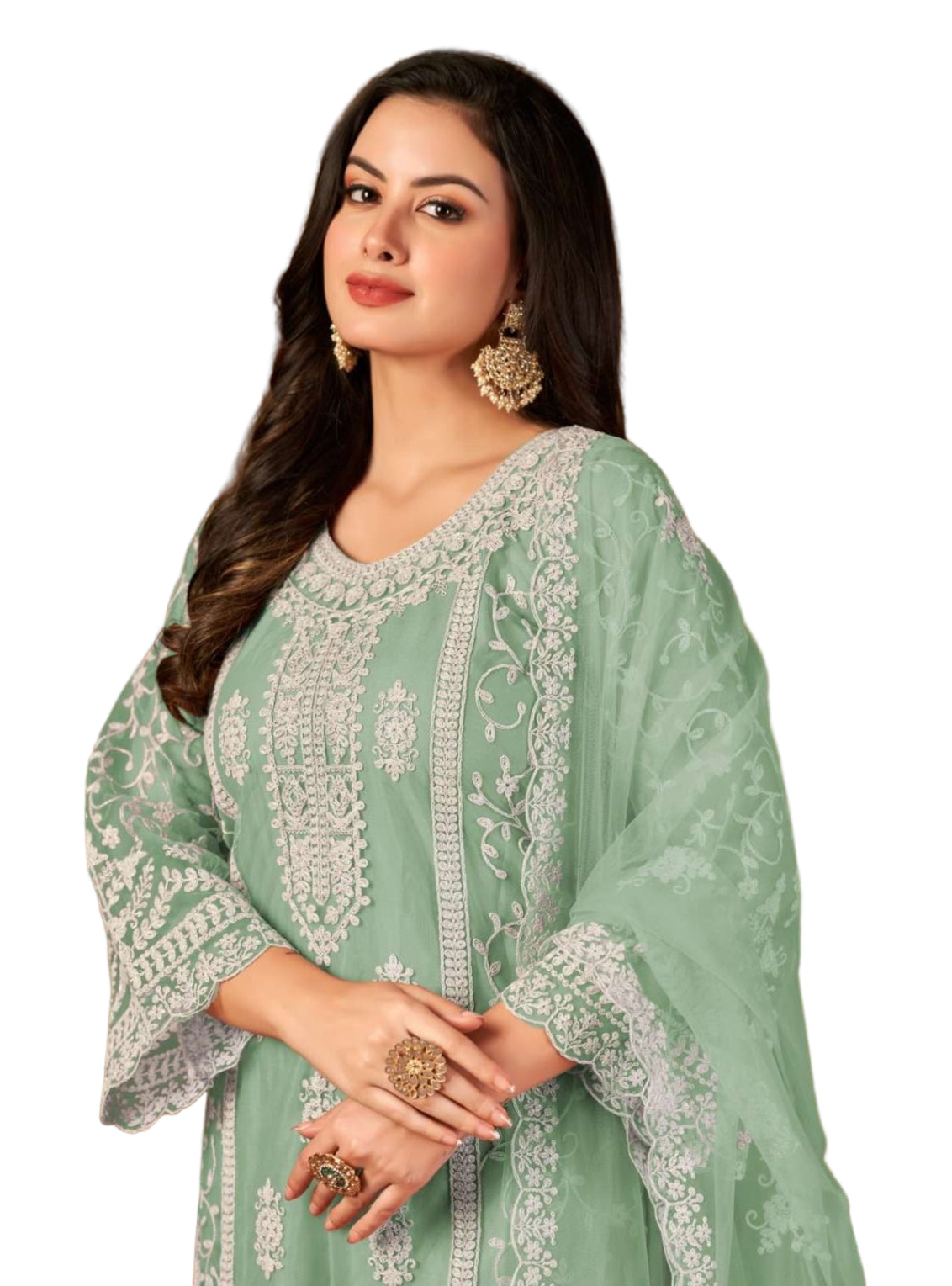 Elegant Green Embroidered Net Suit with Palazzo & Dupatta – Party & Festive Wear