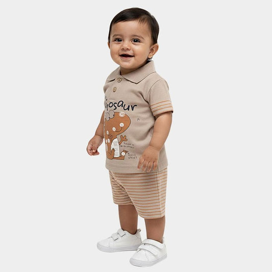 Beige Cotton Polo Neck Dinosaur Print Baby Suit