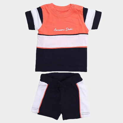 Orange and Navy Cotton Round Neck Colorblocked Baby Suit