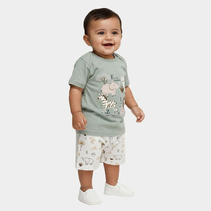 Mint Cotton Round Neck Animal Graphic Baby Suit