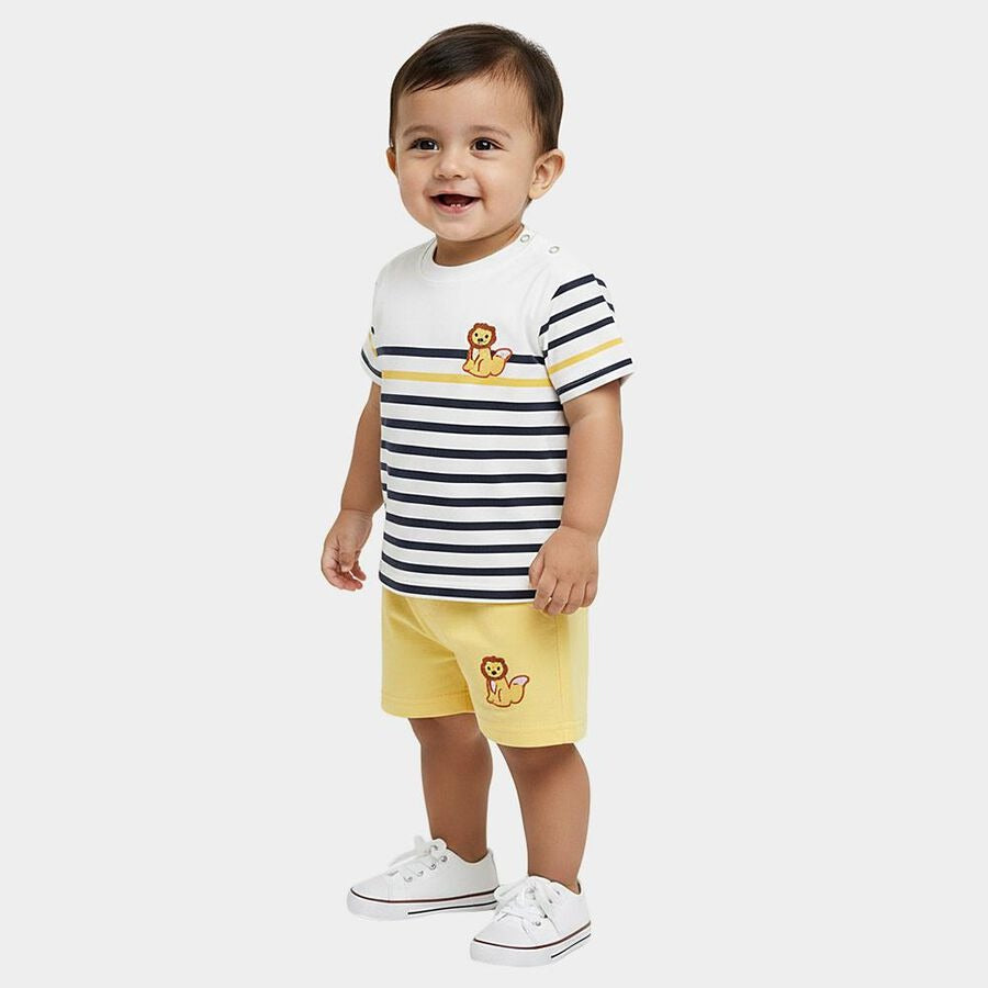 Yellow Cotton Round Neck Striped Baby Suit