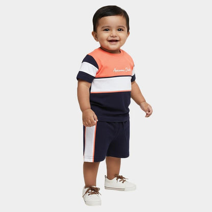 Orange and Navy Cotton Round Neck Colorblocked Baby Suit