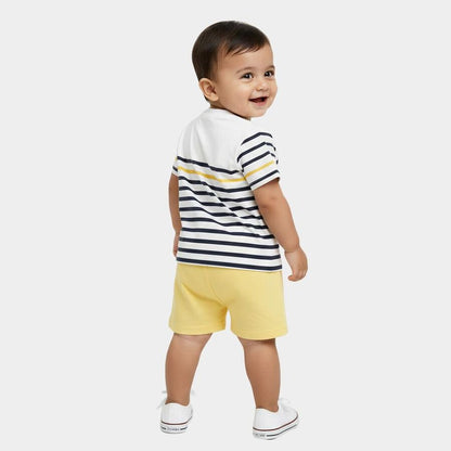 Yellow Cotton Round Neck Striped Baby Suit