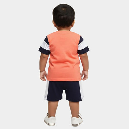 Orange and Navy Cotton Round Neck Colorblocked Baby Suit
