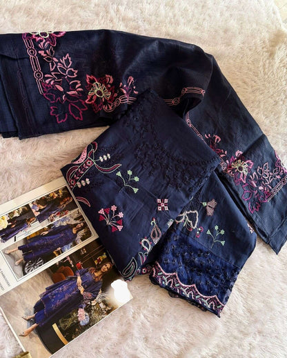 Navy Blue Embroidered Cambric Cotton Suit Set with Dupatta (Unstitched 3 Piece Pakistani Style)