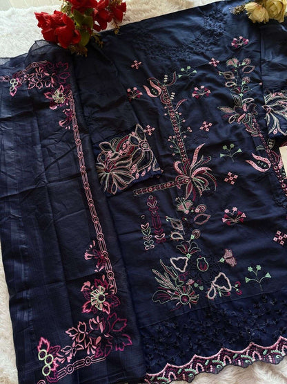 Navy Blue Embroidered Cambric Cotton Suit Set with Dupatta (Unstitched 3 Piece Pakistani Style)