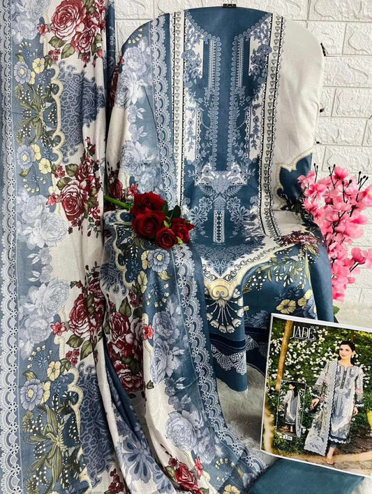 Elegant Grey Floral Printed Cotton Salwar Suit Set for Women – Unstitched Top, Bottom & Dupatta.