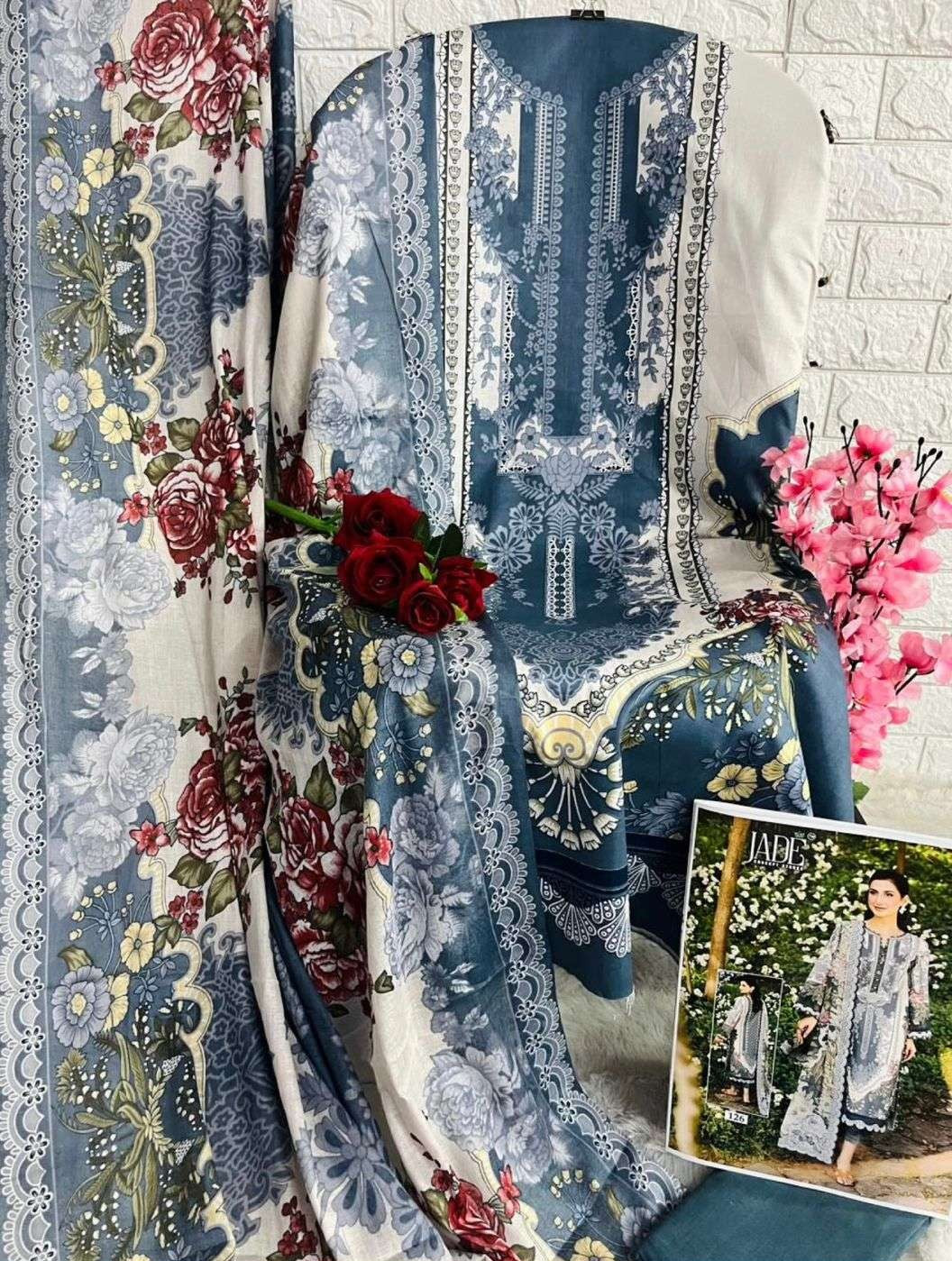 Elegant Grey Floral Printed Cotton Salwar Suit Set for Women – Unstitched Top, Bottom & Dupatta.