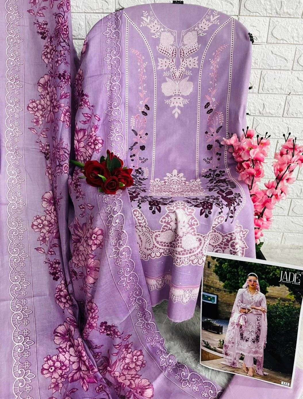 Lavender Printed Cotton Salwar Suit Set for Women – Unstitched Top, Bottom & Dupatta