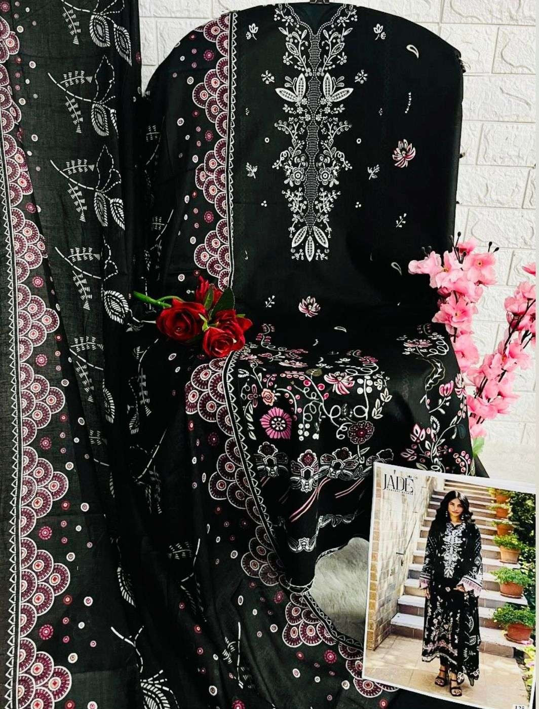 Black Floral Printed Pure Cotton Salwar Suit Set for Women – Unstitched Top, Bottom & Dupatta