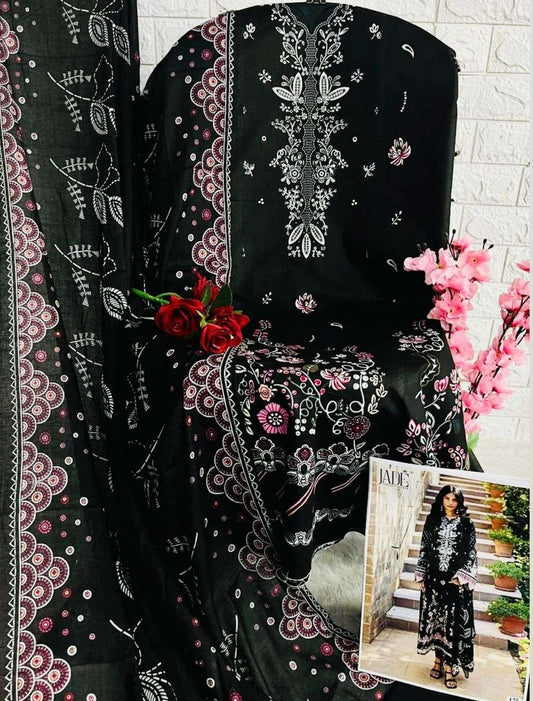 Black Floral Printed Pure Cotton Salwar Suit Set for Women – Unstitched Top, Bottom & Dupatta