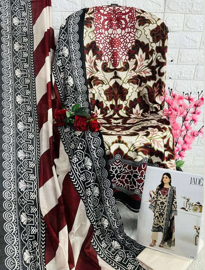 Beige & Maroon Printed Cotton Salwar Suit Set for Women – Unstitched Top, Bottom & Dupatta Vintage Elegance