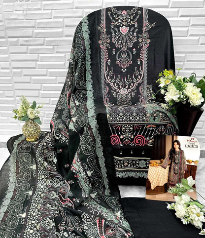 Luxury Cotton  Unstiched Printed Salwar Suit – 100% Pure Cotton | Elegant Black & Pink Motif