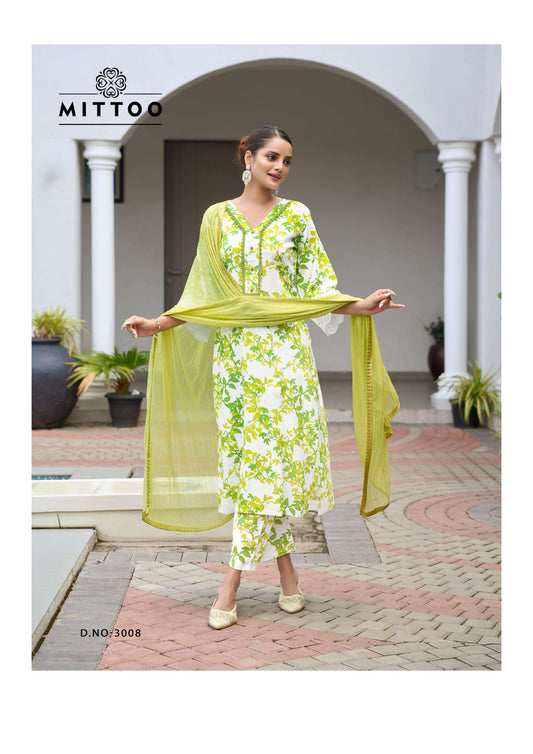 Lime Green & White Floral Printed Rayon Kurti Set with Handwork  | Elegant Indian Ethnic Wear for Women
