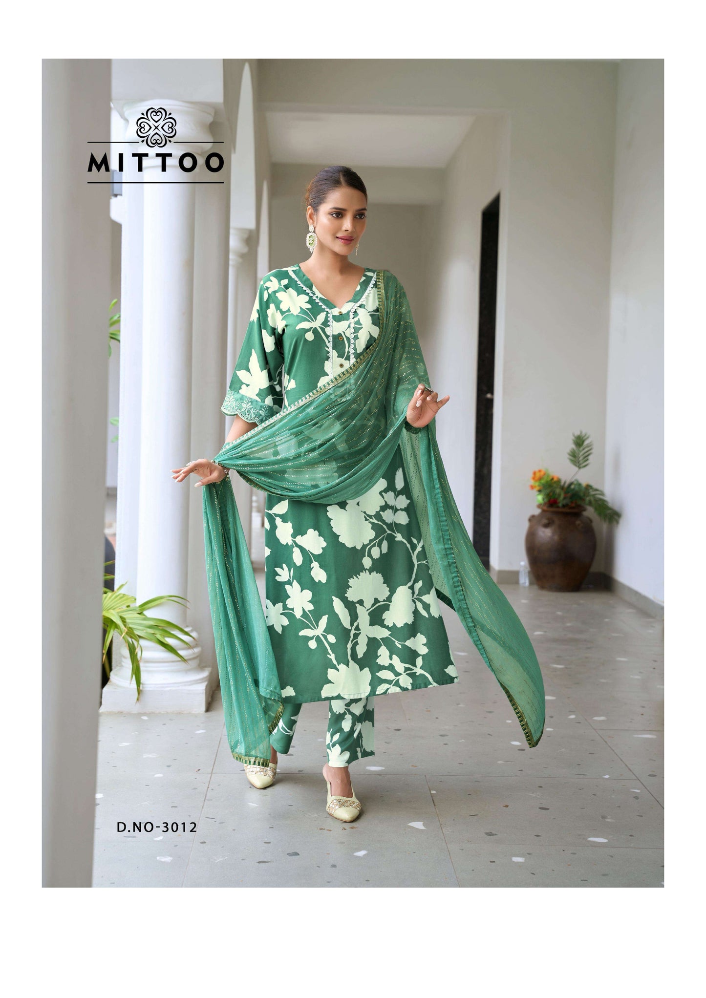 Deep Bottle Green & White Floral Kurti Set | Premium Rayon Handwork Suit with Naznin Dupatta