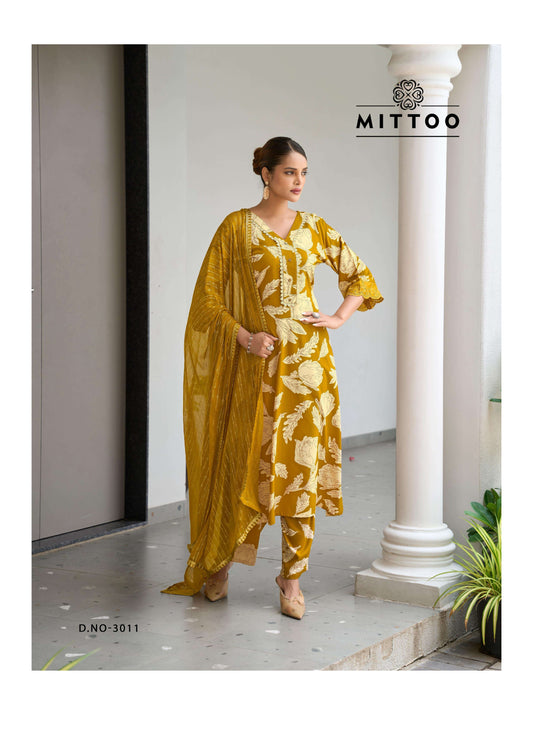 Mustard Yellow Floral Printed Kurti Set | Elegant Rayon Suit with Handwork and Soft Dupatta