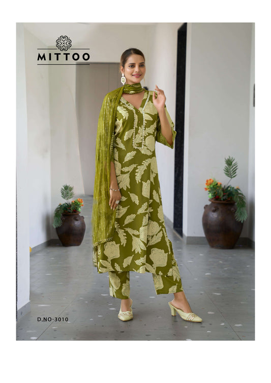 Olive Green & Beige Printed Rayon Kurti Set | Designer Ethnic Suit with Handwork and Printed Dupatta