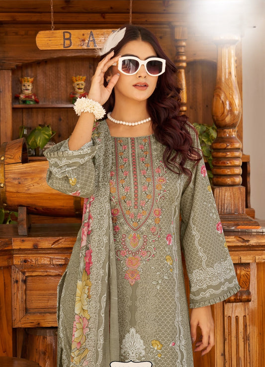 Elegant Sage Floral Unstitched Cotton Dress Material Set