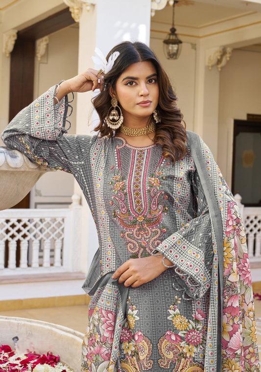 Sophisticated Grey Floral Unstitched Cotton Dress Material Set